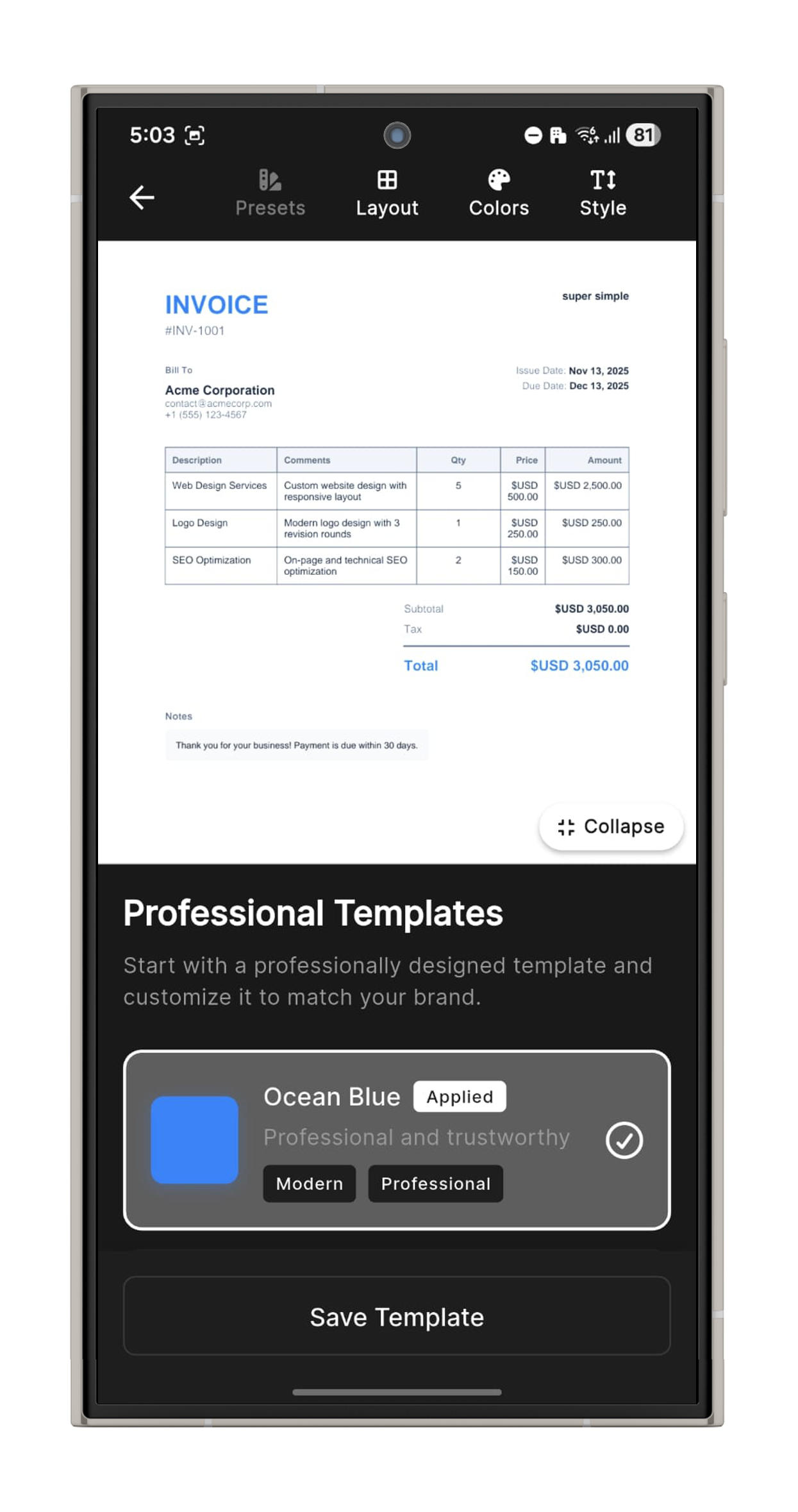 Customizable templates